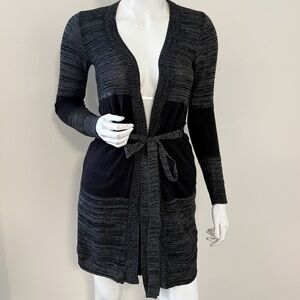 Y2K Vintage Deadstock Black & Grey Colorblock Open Front Belted Cardigan Sweater
